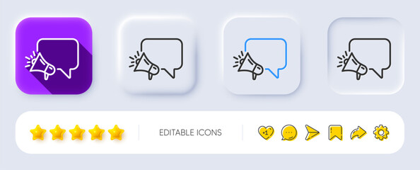 Poster - Megaphone line icon. Neumorphic, Flat shadow, 3d buttons. Advertisement device symbol. Brand ambassador speech bubble sign. Line megaphone icon. Social media icons. Vector