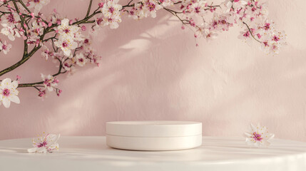 Poster - A smooth, round podium sits gracefully on a white surface, framed by delicate cherry blossoms against a soft pink backdrop, creating a serene and inspiring atmosphere for showcasing ideas