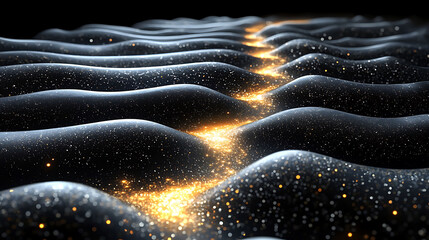 Poster - stunning abstract image of shimmering, undulating waves with a glowing golden path. perfect for tech
