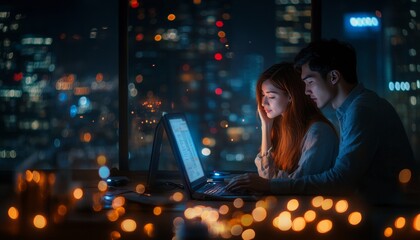 Poster - Couple working late on a laptop, against backdrop city lights. Relationship technology concept.