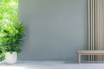 Wall Mural - Modern interior design featuring a plant and a wooden bench in a serene setting