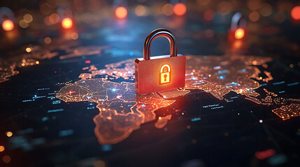 Poster - Cybersecurity concept A glowing red padlock rests on a futuristic, illuminated world map, symbolizing global data protection and network security.