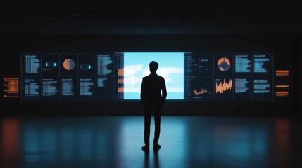 Poster - Man Analyzing Global Data on Large Screen in Futuristic Control Room
