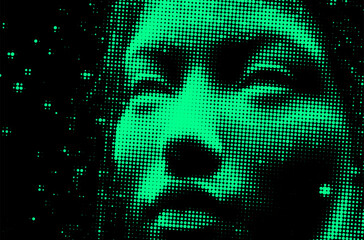 Aufkleber - Vector illustration of a green pixelated face emerging from darkness, with parts dissolving into digital dots. It conveys a futuristic, abstract theme blending technology and human elements.