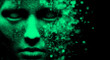 © local_doctor - Vector illustration of a green pixelated face emerging from darkness, with parts dissolving into digital dots. It conveys a futuristic, abstract theme blending technology and human elements.
