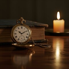 A vintage pocket watch resting on an old leather-bound book, intricate golden engravings on the watch case, 1:1