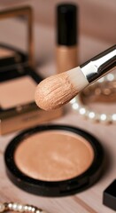 Wall Mural - beauty and cosmetics social media photo, makeup brush dipped in a radiant champagne-colored highlighter, 9:16
