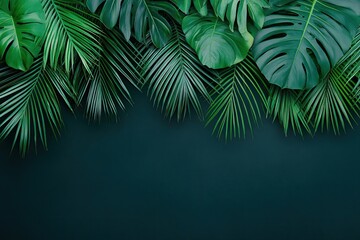 Wall Mural - Lush green tropical foliage adorns a dark green background