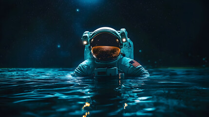 Wall Mural - night Shiny star Astronaut float on water neon astronaut in space
