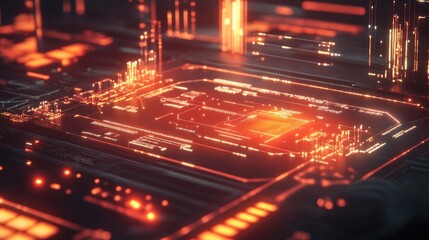 Poster - Futuristic Motherboard Circuitry with Glowing Red and Orange Light