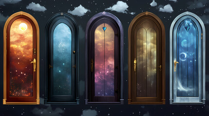 Wall Mural - Set of fantasy doors with mystical backgrounds isolated on transparent background. Eldritch Sky Portals. Illustration