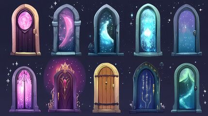 Wall Mural - Set of fantasy doors with mystical backgrounds isolated on transparent background. Eldritch Sky Portals. Illustration