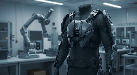 Poster - Advanced exoskeleton suit in futuristic laboratory. Robotic arm in background. Military technology, industrial automation, and human augmentation concept.