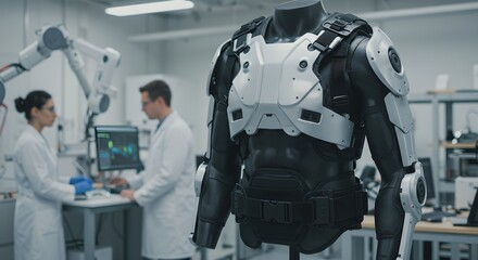 Poster - Exoskeleton prototype in high-tech laboratory with scientists. Robotic suit for enhanced human strength and mobility. Future of medical and military technology.
