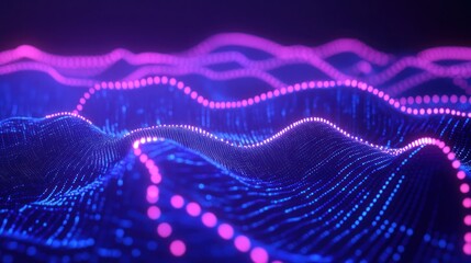 Poster - abstract glowing particle waves in blue and pink, futuristic background
