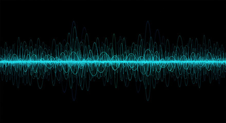 Poster - Vector sound wave lines dynamic in blue green color light flowing on black background for concept of music, sound, technology