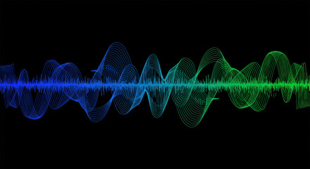 Poster - Vector sound wave lines dynamic in blue green color light flowing on black background for concept of music, sound, technology