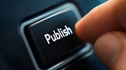 Poster - Closeup Finger Pressing Publish Button Digital Technology Online Media Internet Website Publishing Content Creation Modern Interface User Experience  