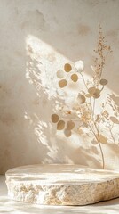 Poster - A beautifully crafted podium stands in a softly lit area, adorned with delicate plant arrangements that cast enchanting shadows on the earthy wall