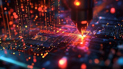 Poster - Abstract Digital Circuit Board Technology Background Red Orange Glow Futuristic Innovation Data Network Modern Design High Tech Electronic System     