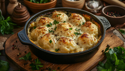 Wall Mural - Delicious homemade potato dumplings with cheese and herbs in a ceramic dish