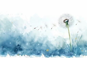 a serene watercolor illustration of a dandelion with floating seeds against a blue background.