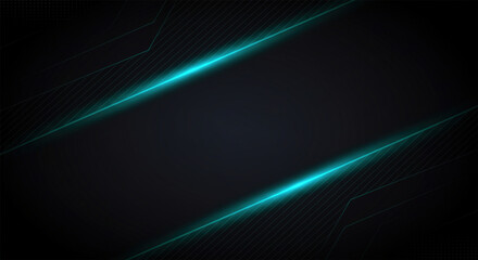 Poster - Abstract black stripes with blue green neon glowing light. Vector technology banner design