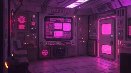Poster - Futuristic Spaceship Control Room with Pink Neon Lights and Cyberpunk Aesthetic