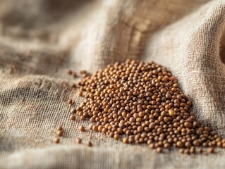 Wall Mural - mustard seeds scattered on a vintage linen cloth under soft, natural lighting