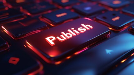 Poster - Glowing Red Publish Button on Modern Dark Keyboard Digital Technology Online Media Internet Publishing Website Blog Content Creation Social Media     