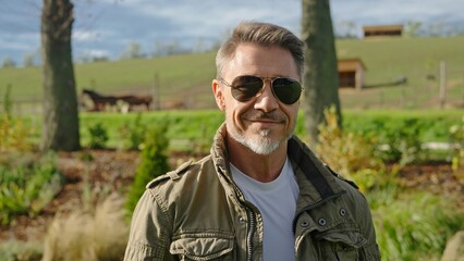 Portrait of mature man wearing sunglasses and smiling, ranch background with horses. Satisfied landowner standing on field. Farmer happy with agricultural business. Rural lifestyle.