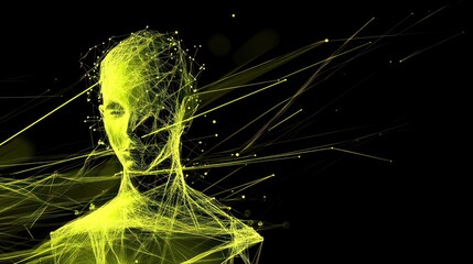 Poster - Abstract Human Figure with Neon Lines and Glowing Particles on Black Background