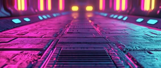 Poster - abstract gaming background with electric blue and purple neon lines set against a black carbon fiber