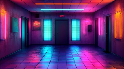 Poster - A holographic gaming backdrop featuring neon rainbow retro grids, pulsating rainbow lights, and a sleek digital interface design as a background wallpaper