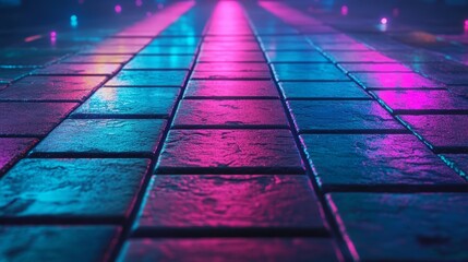 Wall Mural - Neon Nightscape: A captivating perspective of a city street at night, illuminated by vibrant neon lights reflecting on wet cobblestones. The colors create a futuristic, dreamy atmosphere.