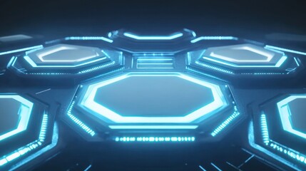 Poster - Futuristic Technology Interface with Glowing Blue Lights and Hexagonal Pattern