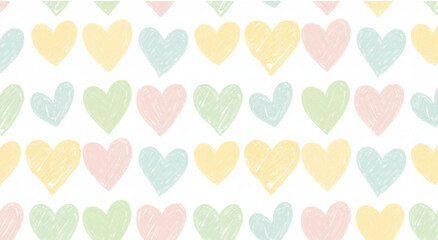 Pastel colored geometric hearts seamless banner design. Crayon drawn cute hearts with simple dots in kid's style. Hand drawn cute romantic seamless pattern for Birthday's wrapping paper