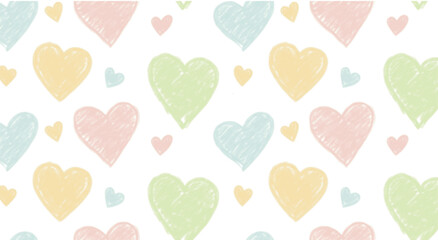 Pastel colored geometric hearts seamless banner design. Crayon drawn cute hearts with simple dots in kid's style. Hand drawn cute romantic seamless pattern for Birthday's wrapping paper