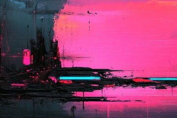 Poster - The abstract distressed texture of a black and white motion glitch overlay effect is juxtaposed with a monochrome interlaced digital background to create a futuristic cyberpunk design with a retro
