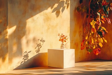Poster - A minimalist abstract setting featuring an empty stage with three white rectangular podiums set against a beige backdrop and adorned with the silhouettes of tree leaves, serving as a pedestal for