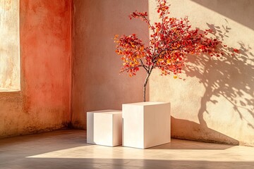 Poster - A serene and abstract natural backdrop consisting of an empty stage with three white rectangular pedestals on a beige background, accompanied by the shadows of tree leaves, designed to display