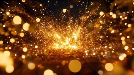 Poster - Dynamic burst or explosion of golden light and particles against a dark background, resembling sparks or a starburst effect