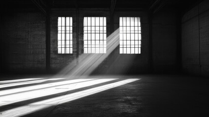 Poster - In a quiet warehouse, shafts of light filter through large windows, casting dramatic shadows on the concrete floor, creating an atmosphere of mystery and solitude