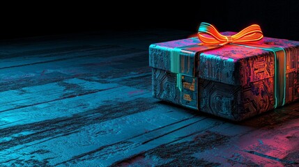 Fototapete - a futuristic gift box featuring neon accents and a circuit board design on a black background, repre