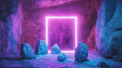 Poster - A dark background features an empty neon rectangle frame with a shining effect, symbolizing Black Friday and Cyber Monday, and representing online shopping, sales, and discounts in a retro 80s and