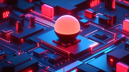 Poster - Futuristic Technology Circuit Board with Glowing Sphere and Neon Accents