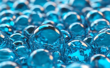 Poster - blue glass spheres and abstract molecular structures are depicted in a 3d rendering with a glass bac