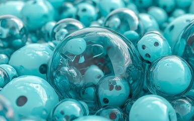 Poster - three-dimensional rendering of abstract molecules and blue glass spheres set against a glass backgro