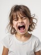 © Farey - Young Girl with Brown Bob Haircut Screaming in Frustration Wearing White T-shirt Against Light Background
