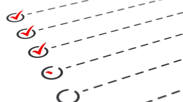 Red checklist mark animation. Red check list document, paper check list and to do list with checkboxes, concept of survey, online quiz, completed things or done test. Notes writing task checkmark